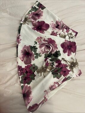 Women's White Floral A-Line Skirt with Pink Purple Blooms and Pockets
